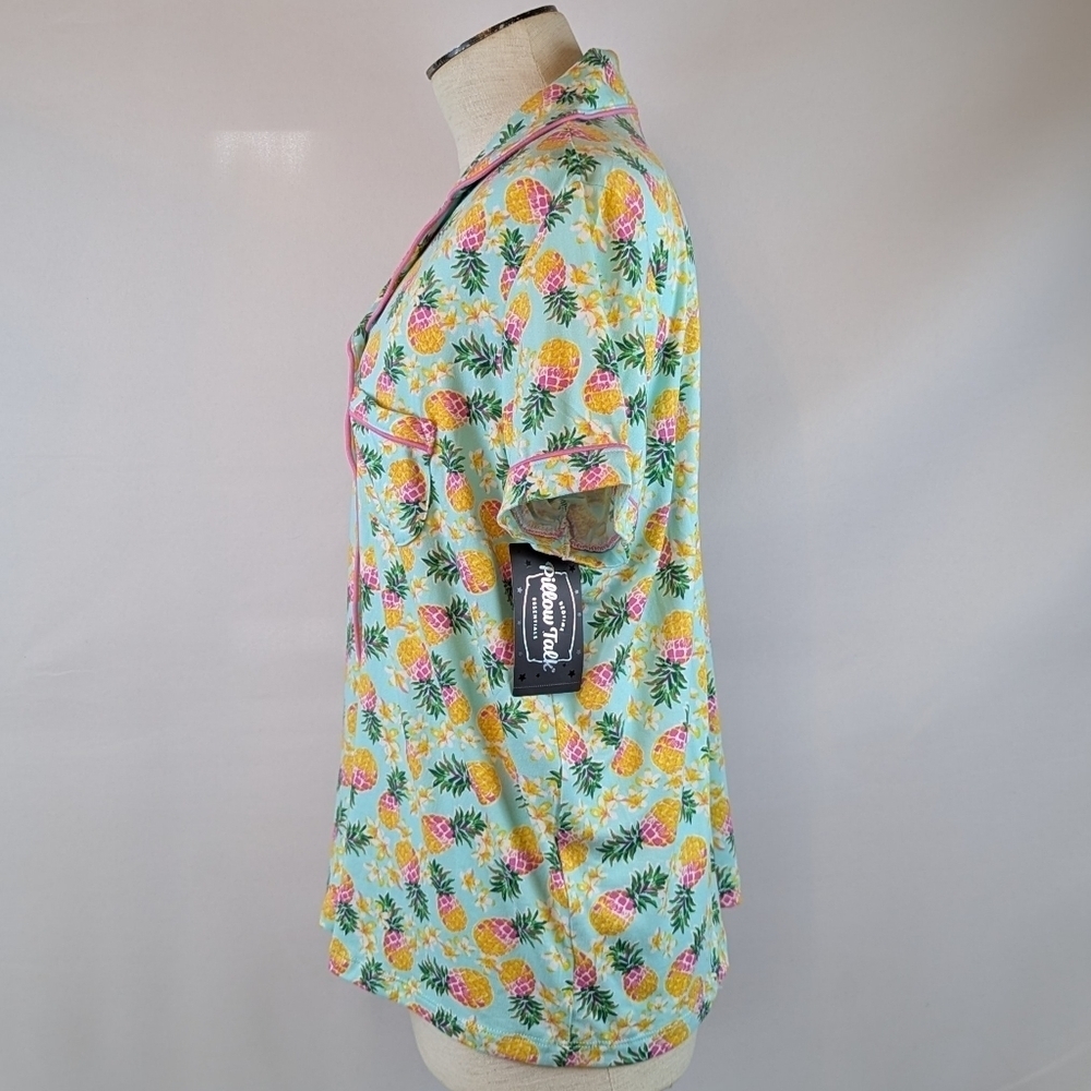 Pillow Talk Tropical Pineapple Print PJ Set Short Sleeve Top Pants Aqua M NWT - Picture 6 of 12